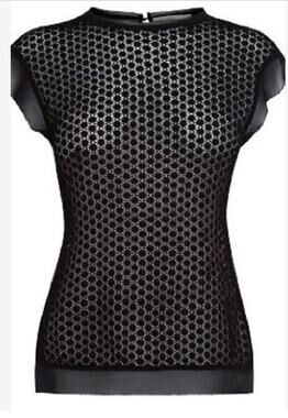 Karen Millen Margarida Black Lace Blouse Size 2 Cutwork Cap Sleeve High Neck EUC